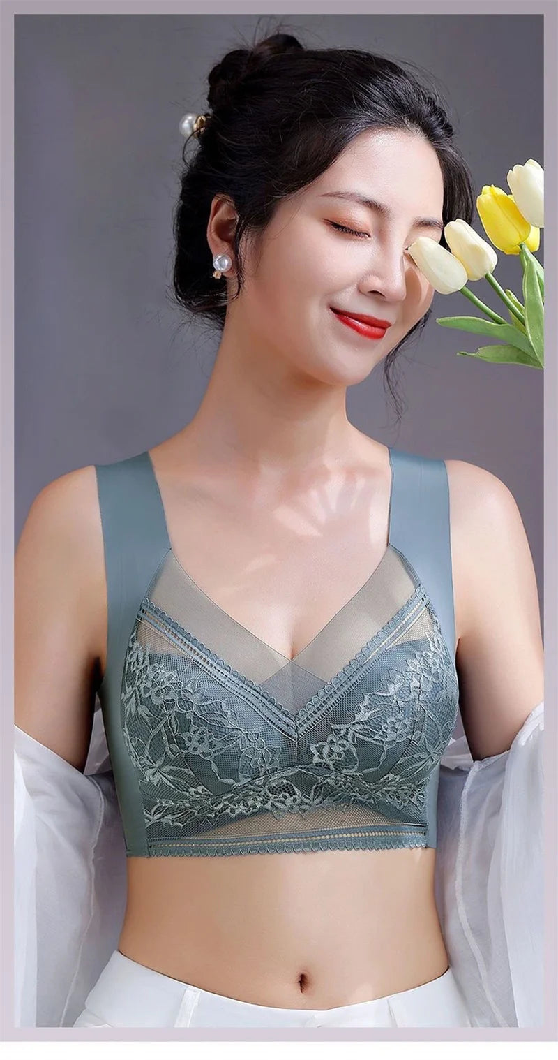 Sexy Lace Bras for Women Perspective Full Cup Solid Color Brassiere V-Neck Seamless Crop Top Female Push Up Breathable Lingerie