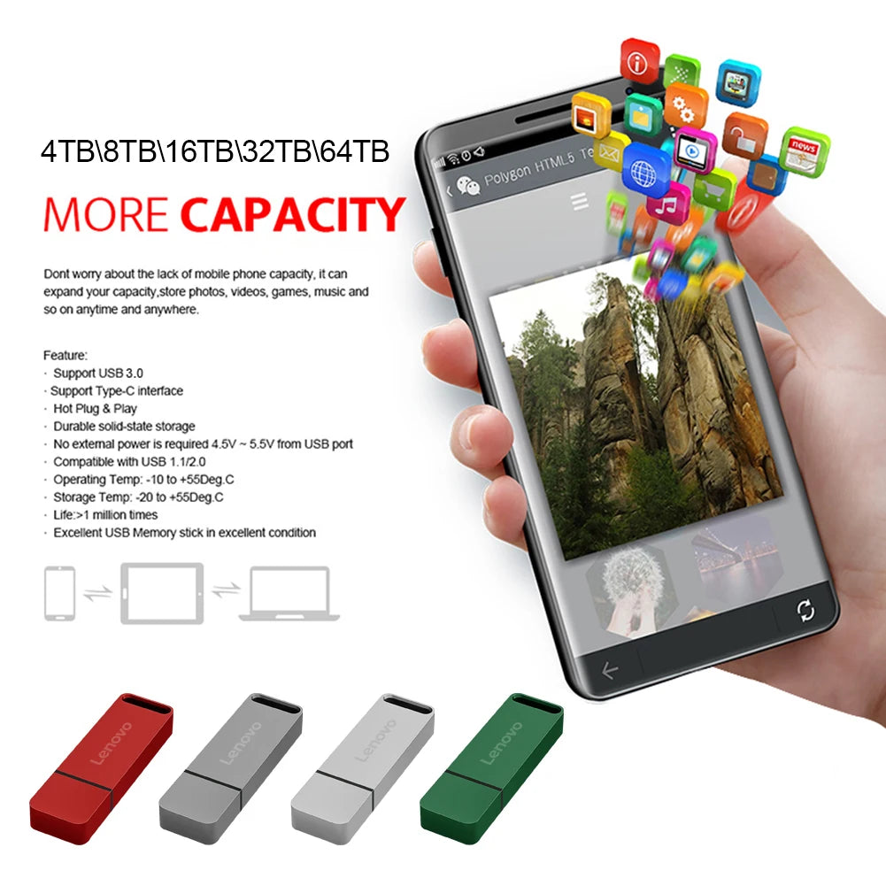 Lenovo 64TB USB Flash Drives USB3.2 Super High Speed Transfer PenDrive 16TB Portable Pen Drive Waterproof Memoria Usb Flash Disk