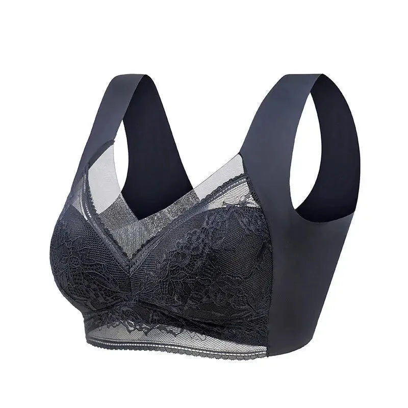 Sexy Lace Bras for Women Perspective Full Cup Solid Color Brassiere V-Neck Seamless Crop Top Female Push Up Breathable Lingerie