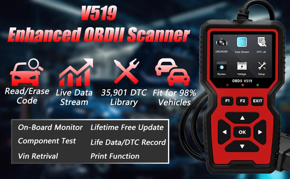 V519 OBD2 Live Data Scanner Professional Mechanical OBDII Diagnostic Code Reader Tool for Check Engine Light Read/Erase Codes