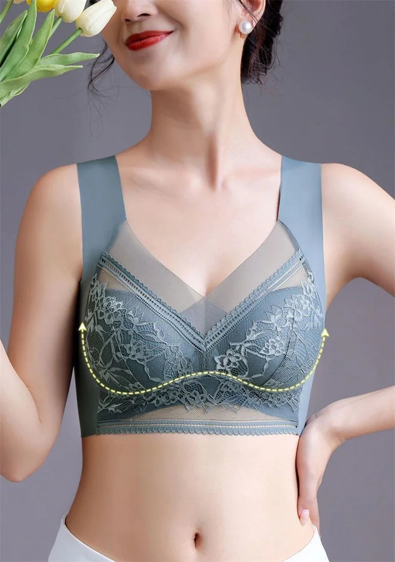Sexy Lace Bras for Women Perspective Full Cup Solid Color Brassiere V-Neck Seamless Crop Top Female Push Up Breathable Lingerie